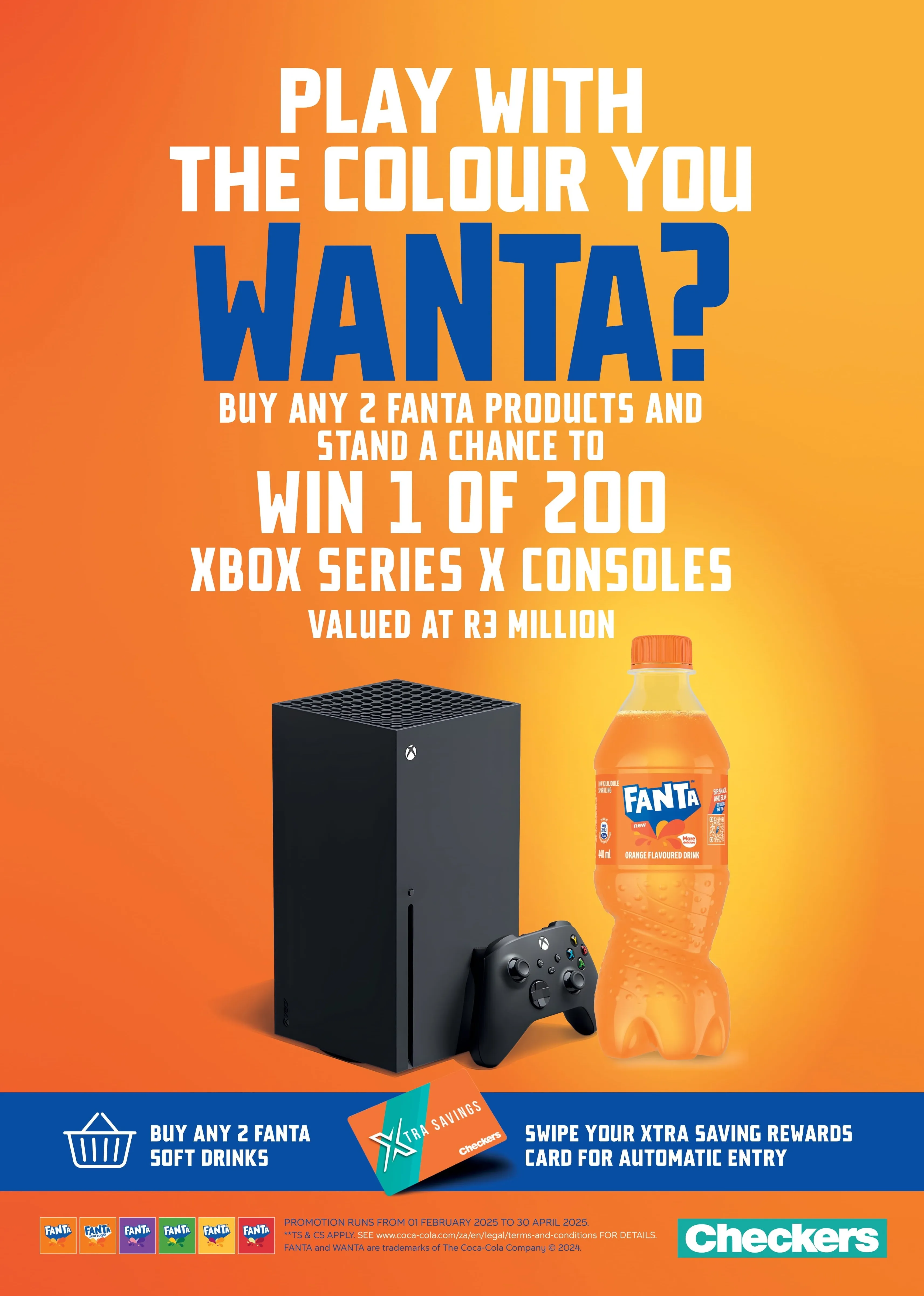 Fanta Wanta Xbox campaign artwork — buy any 2 Fanta products at Checkers and stand a chance to win one of 200 Xbox Series X consoles