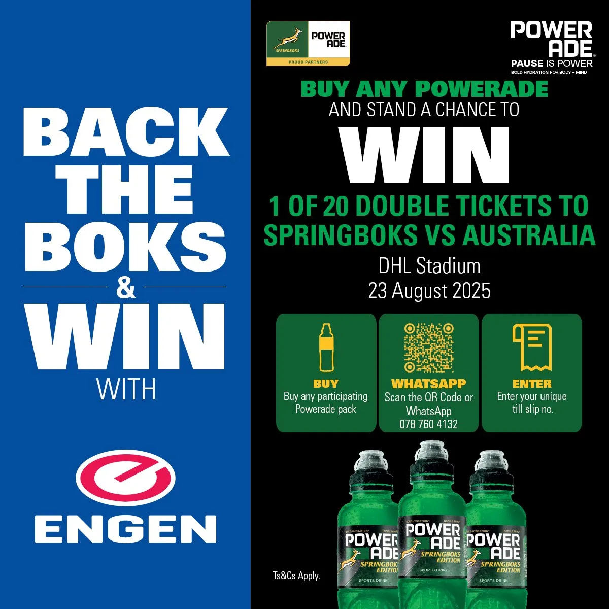 Powerade Back the Boks campaign artwork — buy any Powerade at Engen and win one of 20 double tickets to Springboks vs Australia at DHL Stadium